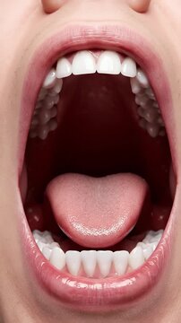 Anterior View of Human Open Mouth with Teeth and Tongue under Bright Light Isolated on White Background Depicting Throat Anatomy Study in Medical Diagram and Healthcare Purposes