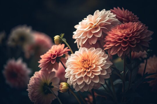 Close up of delicate peach and pink dahlia flowers in soft focus - Powered by Adobe
