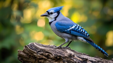 A blue jay perched on a wooden log in a forested area with green foliage in the background.