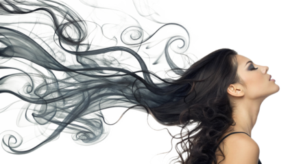 Black female hair transforming into smoke isolated on white or transparent background