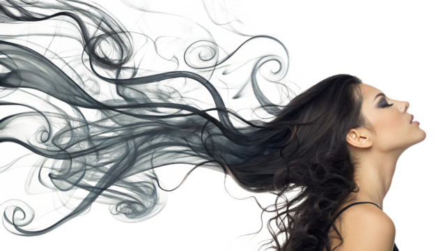 Black female hair transforming into smoke isolated on white or transparent background