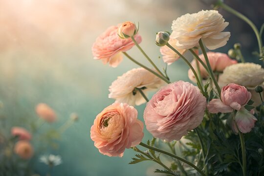 Soft focus close up of delicate pink and peach ranunculus flowers with gentle sunlight