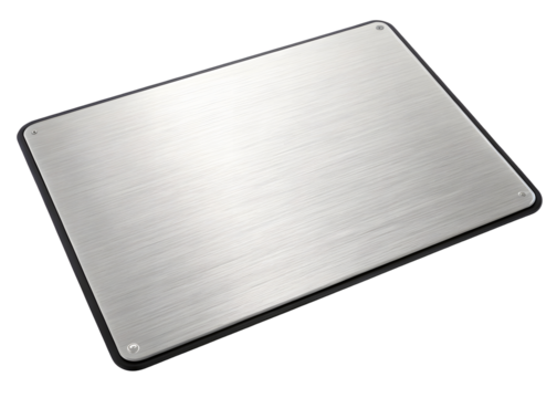 Blank silver stainless steel metal nameplate isolated on white or transparent background