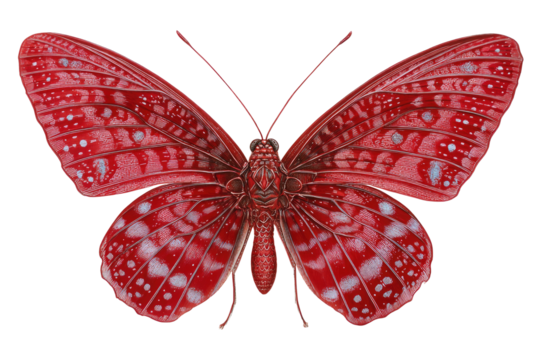 Vivid illustration showcasing a red butterfly with patterned wings and intricate details, isolated on black