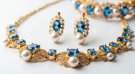 Gold necklace and earrings with blue stones and pearls