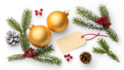 Gold bauble christmas fir tree decoration isolated on white or transparent background