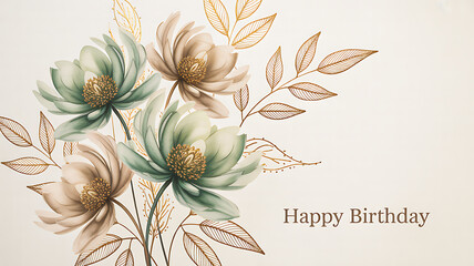Elegant floral birthday wishes bouquet with delicate watercolor lotus flowers and golden foliage to celebrate special moments with loved ones