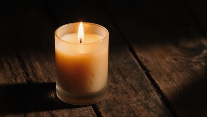 Candlelight Glow - Warm Candle in Glass on Rustic Wooden Surface.