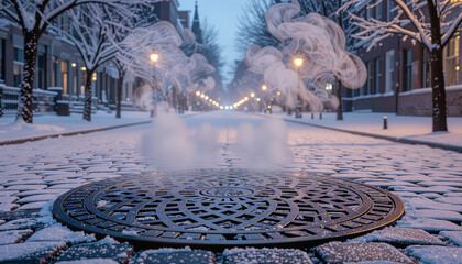 Snowy street with steam rising from manhole cover at dawn  
