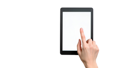 Tablet with blank white screen being tapped by a hand against black background, ideal for showcasing apps, UI interaction, or minimalist tech visuals.