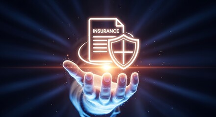 A hand holding a digital insurance document with a shield, symbolizing protection, security, and assurance in a modern, technological context for financial safety and peace of mind