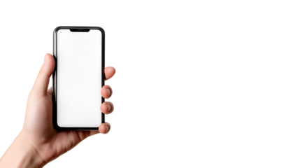 Vertical smartphone with blank white screen held by hand against black background, ideal for showcasing apps, mobile UI, or minimalist tech concepts.