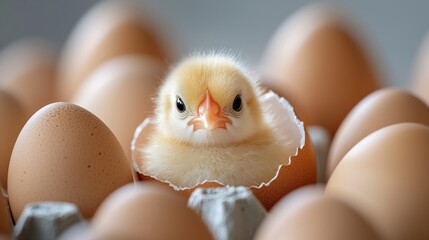 A small yellow chick emerging from a brown egg in a carton of eggs.