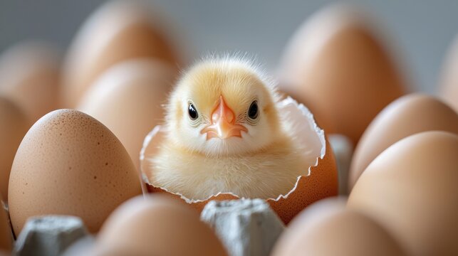 A small yellow chick emerging from a brown egg in a carton of eggs. - Powered by Adobe