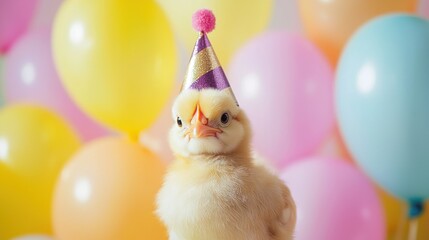 A cute baby chick wearing a party hat, standing in front of colorful balloons.