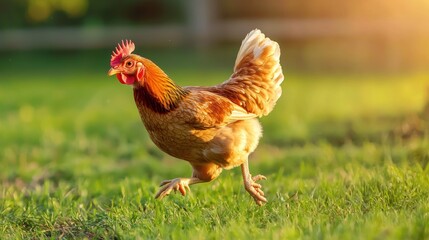 Fototapeta premium A chicken walking on a grassy field with a blurred background.