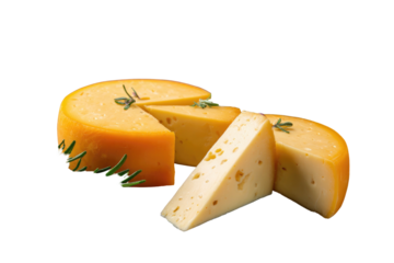 A wheel of cheddar cheese is partially sliced, with two wedges and fresh rosemary