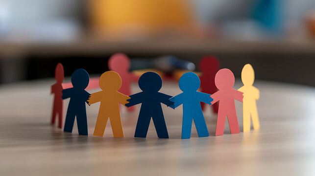 Colorful paper dolls united in a circle, symbolizing teamwork and diversity, promote unity and collaboration, reflecting community and friendship, foster inclusivity.