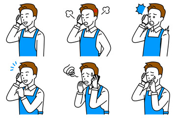 スマートフォンで通話するエプロン姿の男性　セット