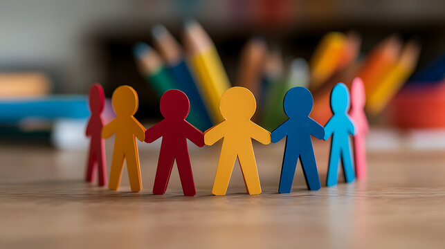 Colorful wooden figures unite on a table, surrounded by vibrant pencils in the background, symbolizing unity, diversity, and collaboration in education.