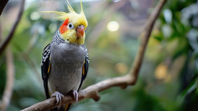 A colorful cockatiel perched on a branch with a blurred green background.