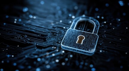 Digital Padlock on Abstract Circuit Background with Glowing Lines and Dots Representing Data Security and Encryption Technology
