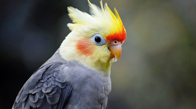 A colorful cockatiel perched on a branch with a blurred background.