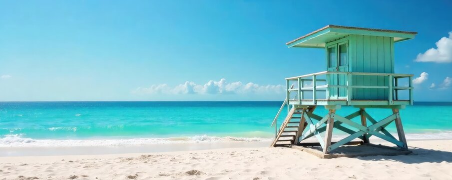 A lifeguard tower stands vigilant on a pristine beach, overlooking calm turquoise water and gently lapping waves, ensuring a safe and enjoyable day for all visitors , sky, holiday - Powered by Adobe