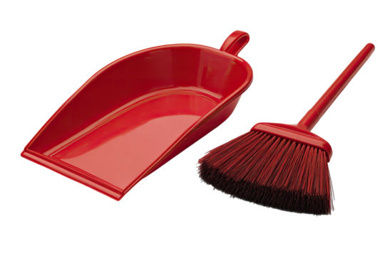A vivid red dustpan and matching broom on a transparent black background, tools for cleaning