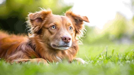 A brown dog lying on a grassy field with a blurred background.