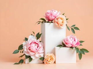 Fototapeta premium Various colorful flower arrangements with white rectangular 3D product display podiums and geometric shapes on a light peach background