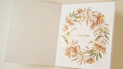 Elegant floral wreath card with 'warm wishes' text, perfect for sending heartfelt greetings and celebrating special moments with a touch of natural beauty.