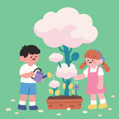 A boys and girls with mini garden farming.eps