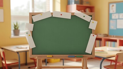 Green chalkboard with pinned papers and classroom background