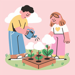 A boys and girls with mini garden fancy flowers.eps