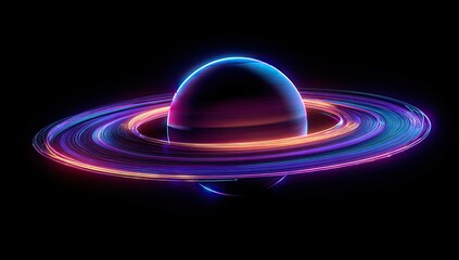 Abstract glowing planet with ethereal, swirling light rings in deep cosmic dark space