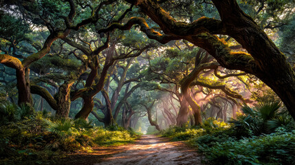 Naklejka premium Mystical forest path under intertwined branches and soft sunlight filtering through the trees
