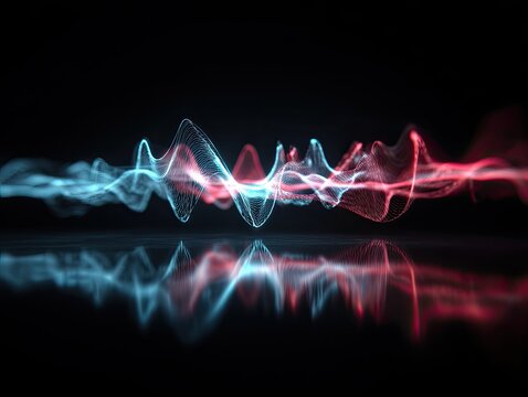 Abstract digital sound wave visualization with blue and red particles reflecting on dark surface