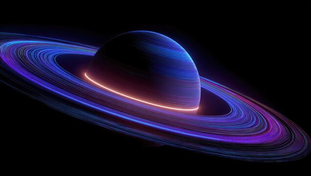 Abstract glowing planet with vibrant neon rings against a dark, cosmic background