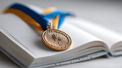 Medal with Ribbon on Top of Open Notebook Symbol of Academic Achievement on Transparent Background