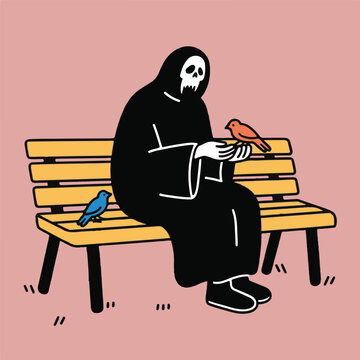 -Grim reaper sitting on park bench feeding burds.eps