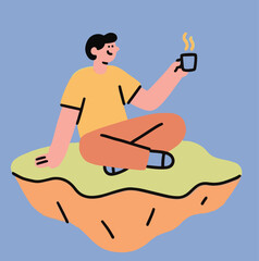 Fototapeta premium -A person sitting on a floating island hold cup of coffe.eps