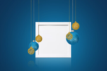 Christmas tree baubles blue and gold color and white border on white background. Festive winter holiday background. Design with copy space for greeting card, text, advertising, banner, invitation