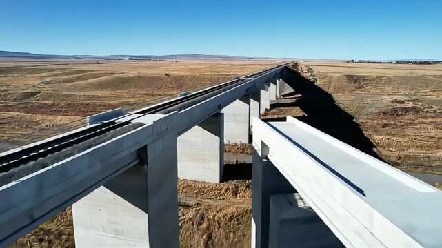 Modern Elevated Concrete Transportation Track and Guideway Spanning Vast Arid Landscape Under Blue Sky - High Speed Rail Infrastructure Development
