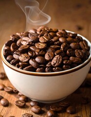 Fototapeta premium Close-up shot of a ceramic bowl overflowing with roasted coffee beans, steam rising, set on wood