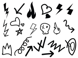 hand drawn black doodle symbols on white background, abstract sketch heart lightning and arrow icons, creative line art design elements illustration