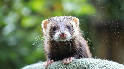 Obraz premium A wet ferret with green and brown fur, standing on a green surface with a blurred green background and water droplets.