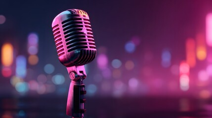 Vintage microphone stands on a stage with colorful city lights.