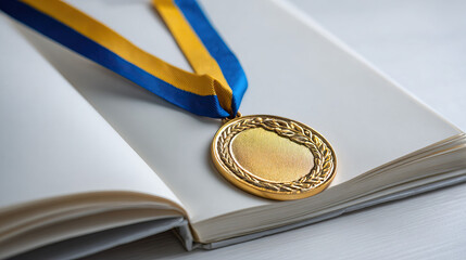 Medal with Ribbon on Top of Open Notebook Symbol of Academic Achievement on Transparent Background