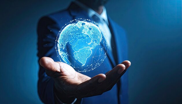 Businessman in a dark blue suit holding a glowing blue digital globe hologram with his open palm against a dark blue bokeh background with subtle light effects